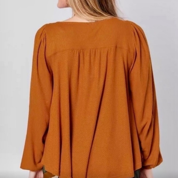 Free People Devin Autumn Pearl Bishop Sleeve Henley Waffle Knit Top S - Picture 2 of 8